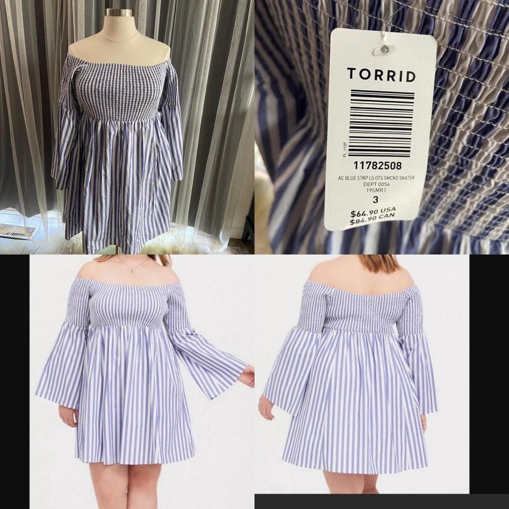Torrid NWT Striped off the shoulder Bell sleeve Dress